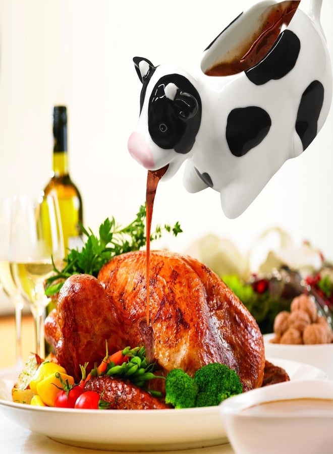 RAISLY Ceramic Gravy Boat, 11oz/300ml White Gravy Boat Milk Cow Sauce Jug with Smooth Handle - Perfect for Salad Dressing, Broth, Cream, Milk - Unique Artwork for Your Kitchen - Image 3